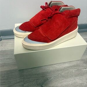 Fear of God Men's Red Suede High-Top Sneakers with Light Blue Toe